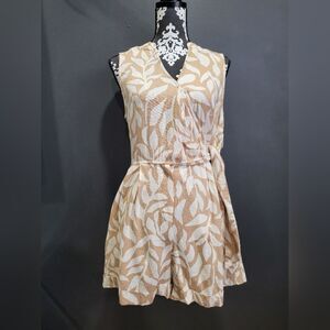 A New Day Linen Blend Romper Brown Tropical Print Faux Wrap V Neck Shorts M